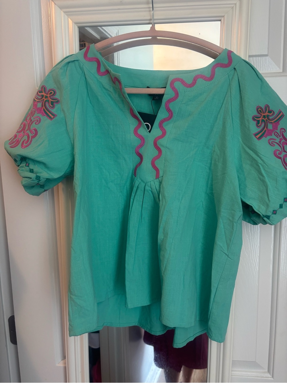 Women’s Teal Embroidered Peasant Tunic with Pink Trim